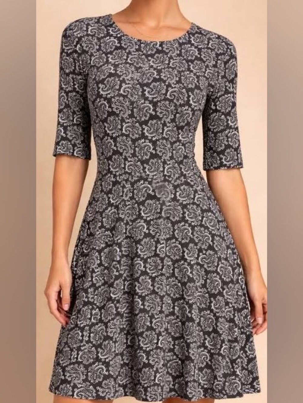 LOFT Patterned Fit-and-Flare Short-Sleeved Dress